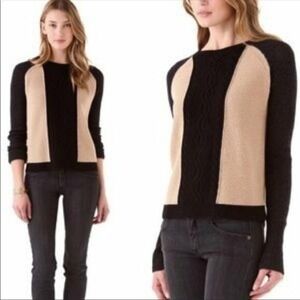 Theory Caydee B Loryelle Colorblock Wool Cable Knit Sweater Black Tan Grey M